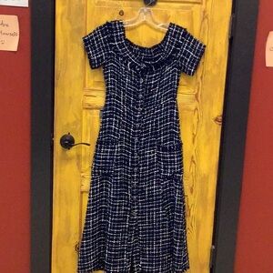 Zara Blue and White Scoop Neck Midi Dress